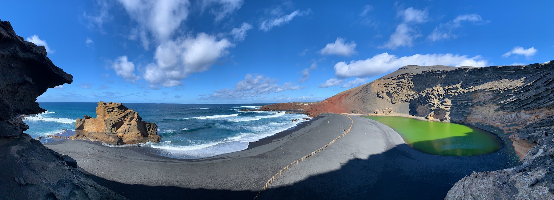 The green lagoon of El Golfo set in black volcanic sand